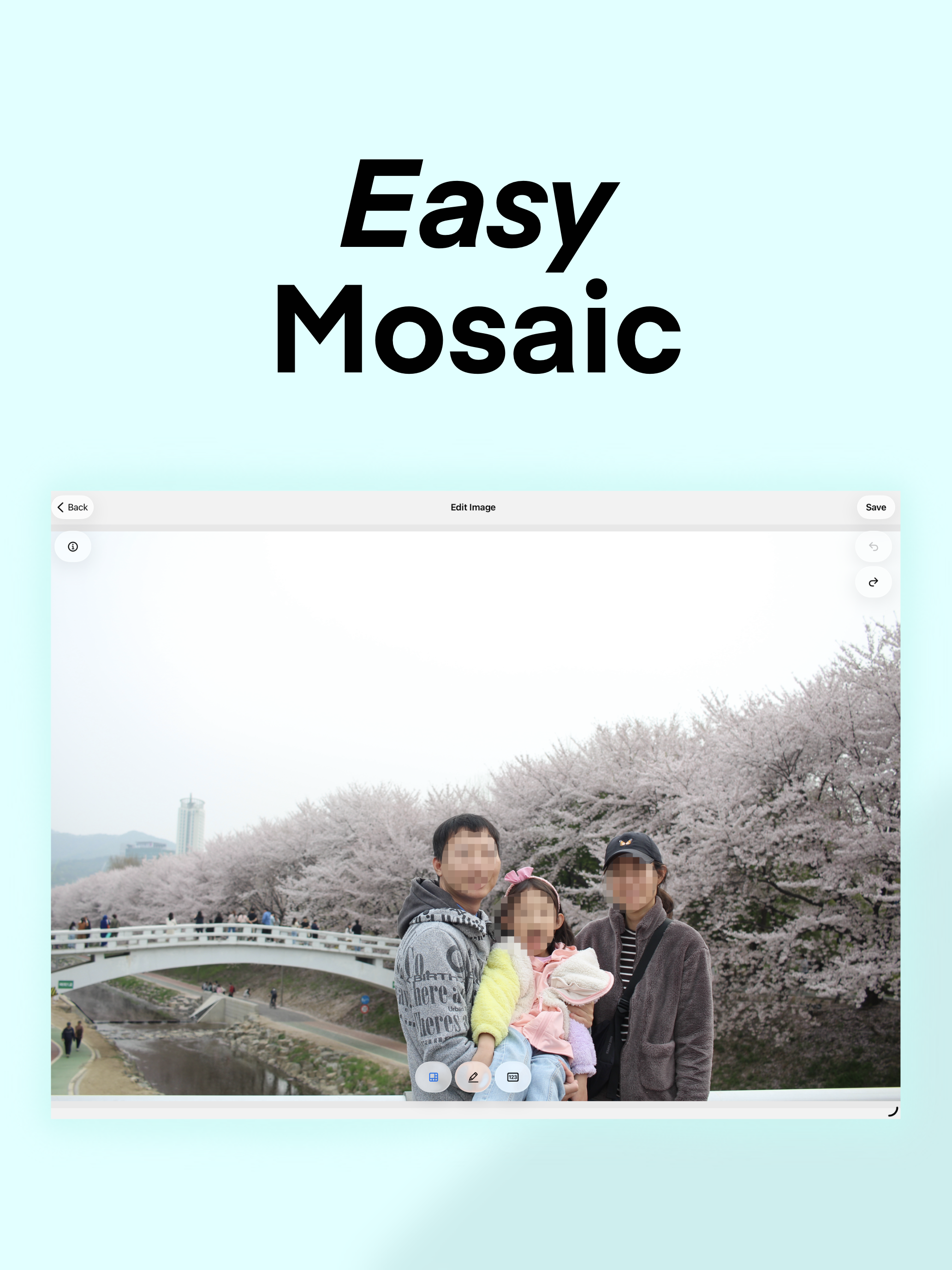 Moza app applying mosaic to a family photo